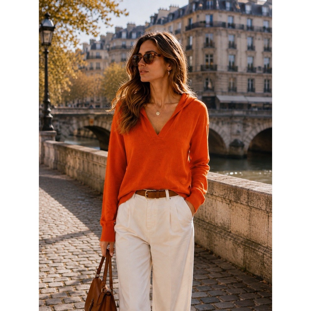 Escada‎ Sweater L Orange 100% Wool Hooded Quiet Luxury Old Money Lightweight